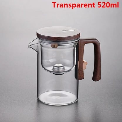 Tetera de vidrio de 520 ml/720 ml con infusor, hervidor de té con separación de agua, imán interno, apertura magnética con un clic y mango de madera.