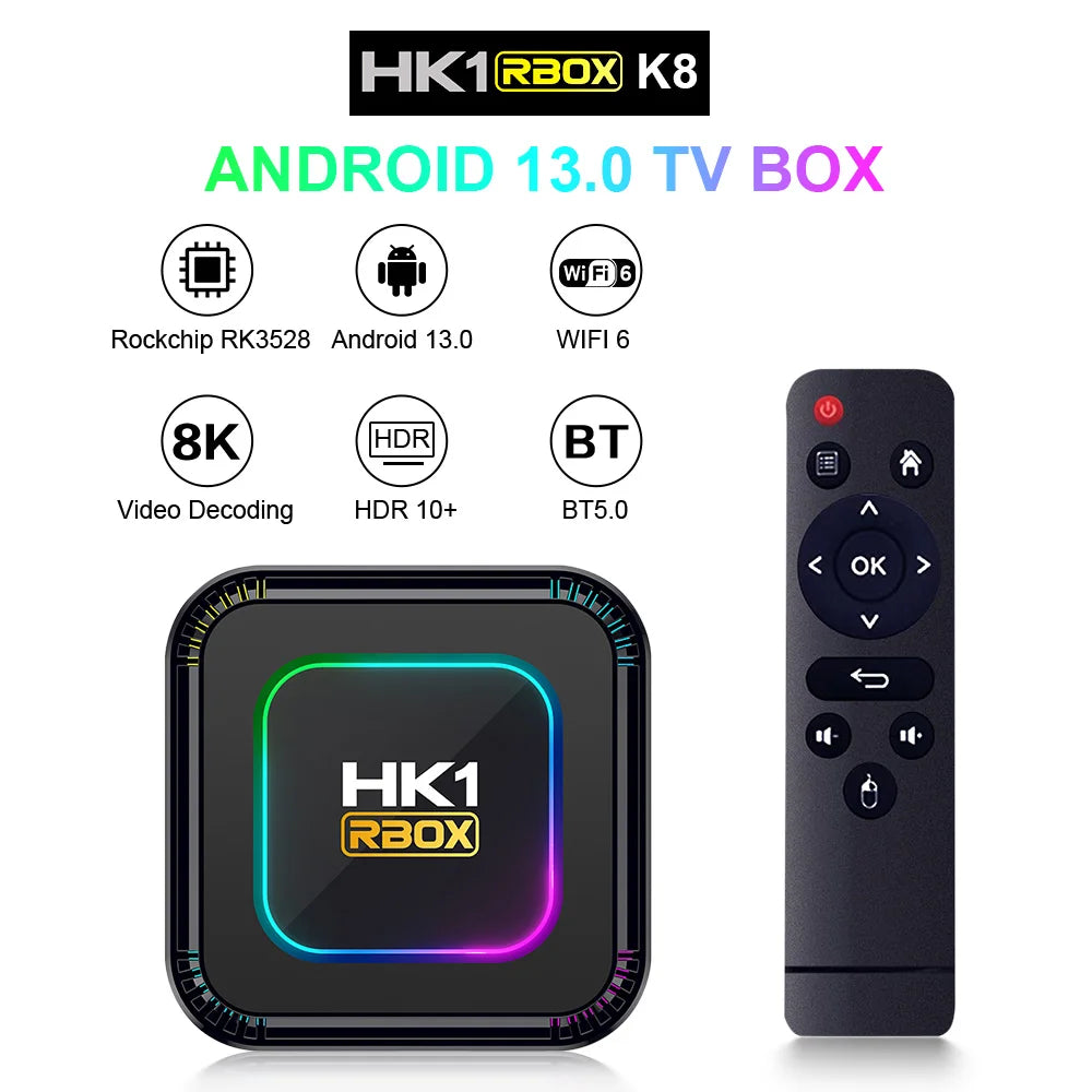 El HK1 RBOX K8 es un TV Box con Android 13, equipado con el procesador RK3528 y opciones de almacenamiento de 4GB de RAM con 32GB, 64GB o 128GB de ROM. Soporta WiFi 6 de 5G, resolución 4K y 8K, reproducción 3D y conexión B