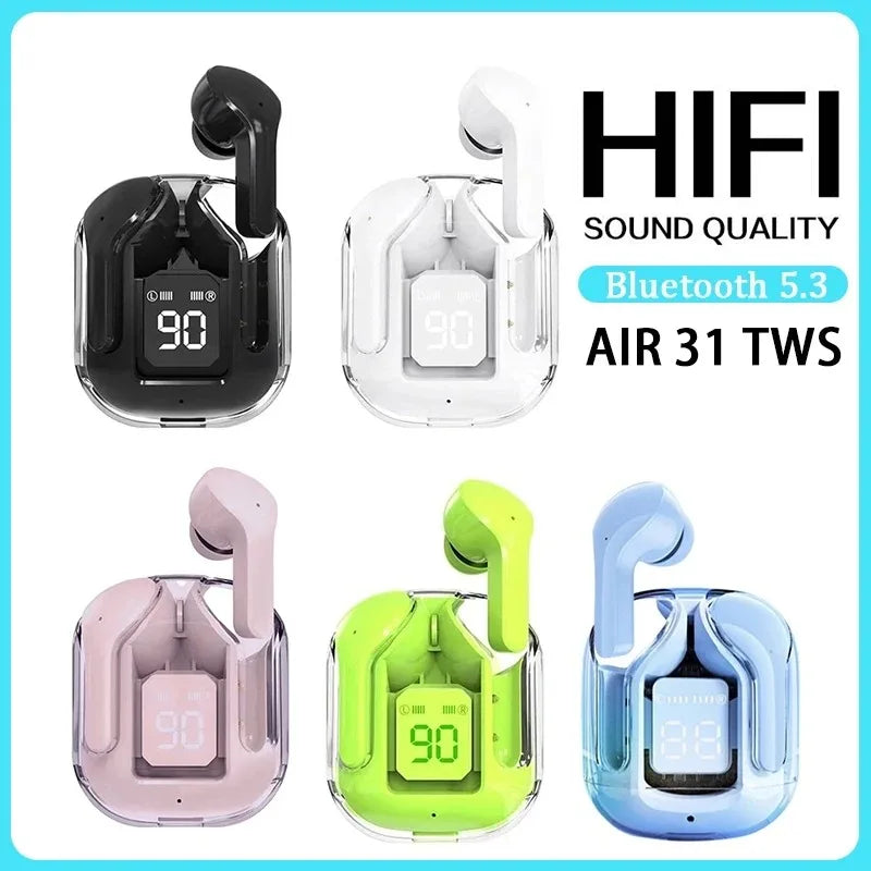 Nuevo Air 31, auriculares inalámbricos con tecnología Bluetooth 5.3. Diseño TWS con cancelación de ruido ENC, pantalla LED digital de potencia y sonido estéreo envolvente. Ideales para deportes y uso diario.