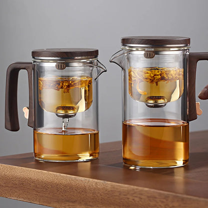 Tetera de vidrio de 520 ml/720 ml con infusor, hervidor de té con separación de agua, imán interno, apertura magnética con un clic y mango de madera.