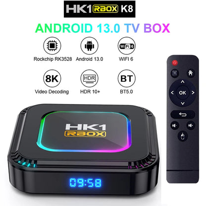 El HK1 RBOX K8 es un TV Box con Android 13, equipado con el procesador RK3528 y opciones de almacenamiento de 4GB de RAM con 32GB, 64GB o 128GB de ROM. Soporta WiFi 6 de 5G, resolución 4K y 8K, reproducción 3D y conexión B